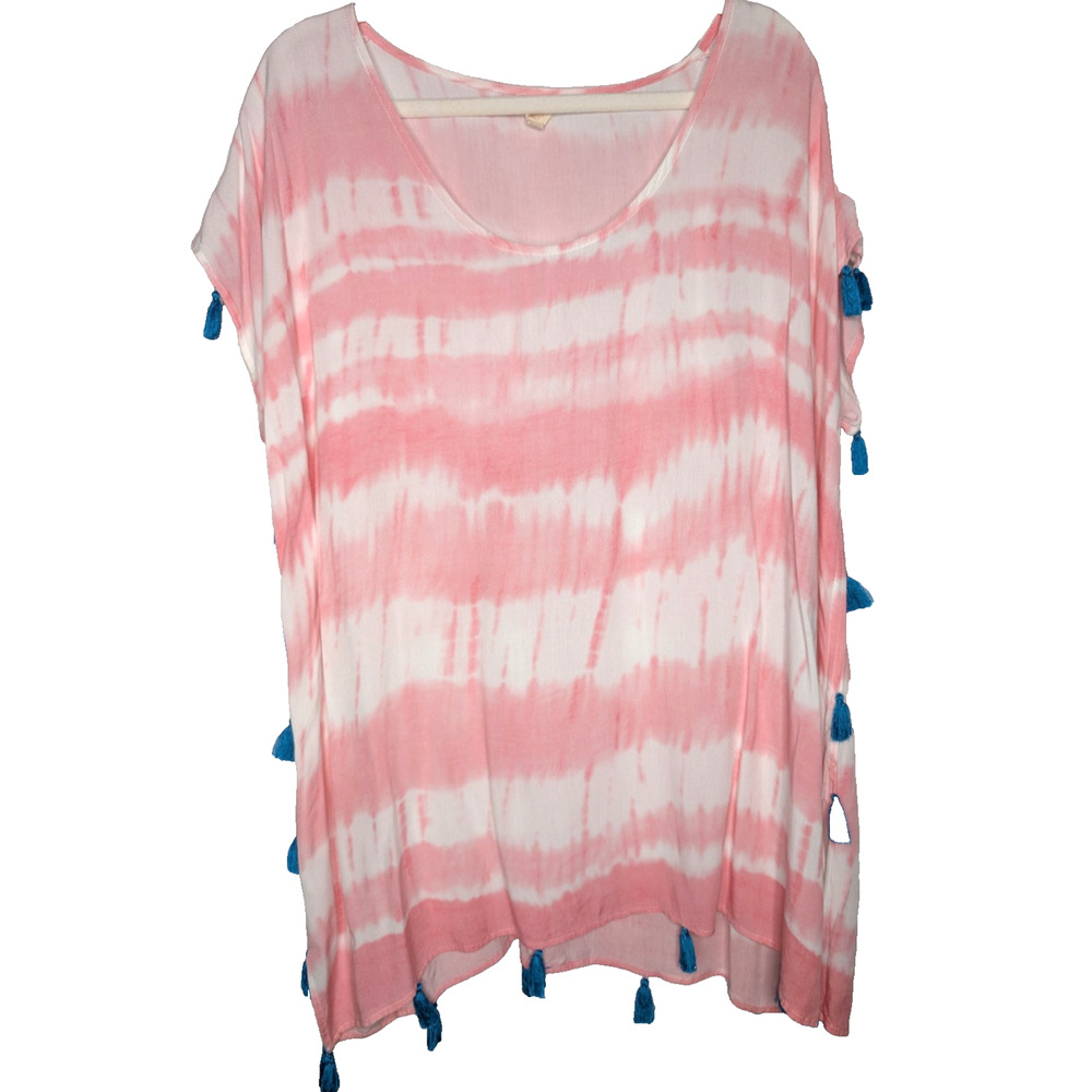 Surf Gypsy Pink White Tie Dye Boho Beach Breezy Resort Tassel Top Cover Up Large
